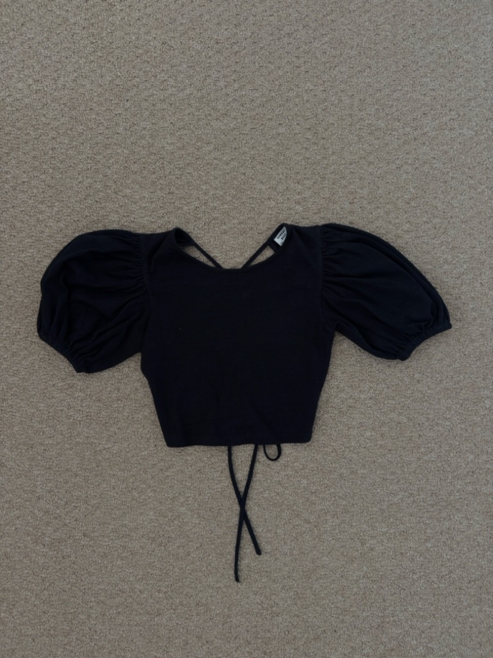 Aritzia Sunday Best Black Puff-Sleeve Cropped Top with Back Tie